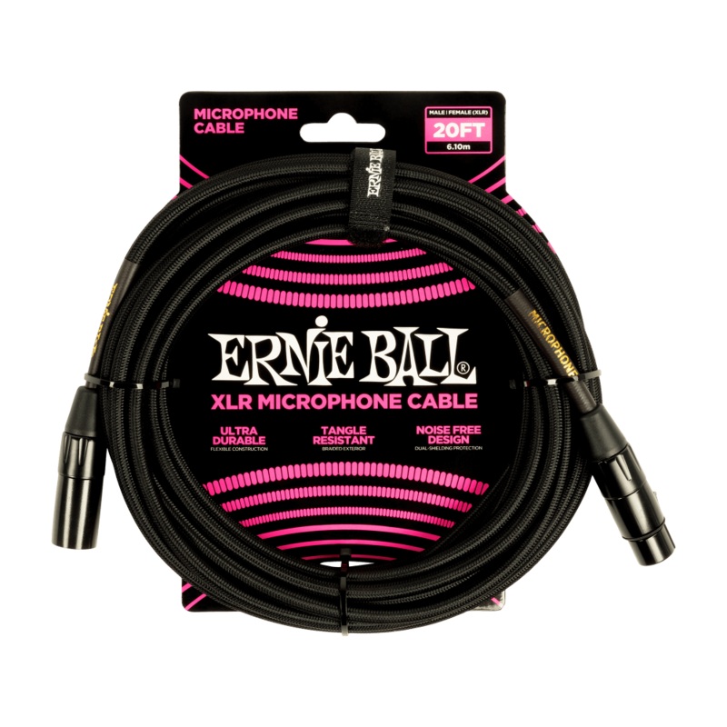 Ernie Ball 20ft Braided Male Female XLR Microphone Cable in Black