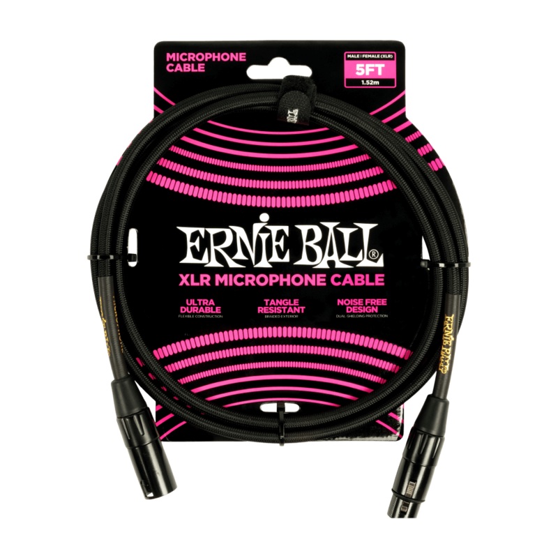 Ernie Ball 5ft Braided Male Female XLR Microphone Cable in Black