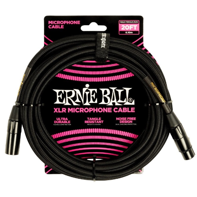 Ernie Ball 6392 20ft Braided Male Female XLR Microphone Cable - Black
