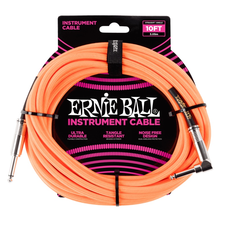 Ernie Ball 10ft Braided Straight/Angle Instrument Cable, Neon Orange