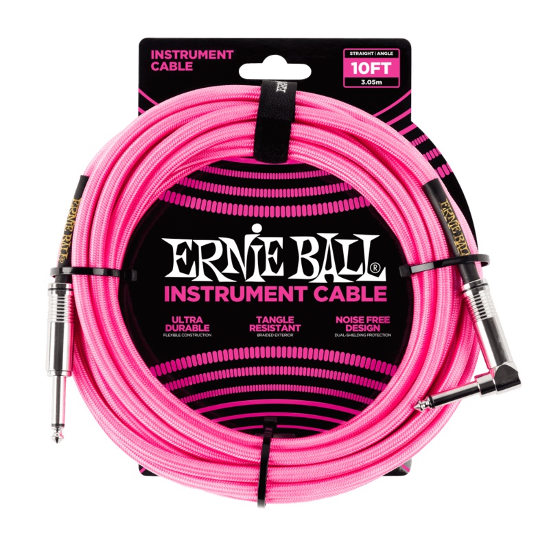 Ernie Ball 10ft Braided Straight/Angle Instrument Cable, Neon Pink