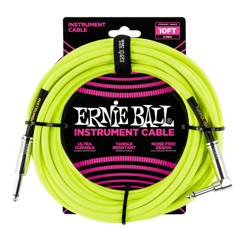 Ernie Ball 10ft  Braided Straight/Angle Instrument Cable, Neon Yellow