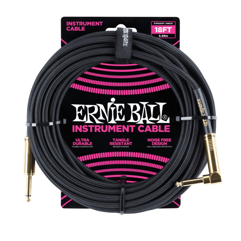 Ernie Ball 18ft Braided Straight/Angle Instrument Cable, Black