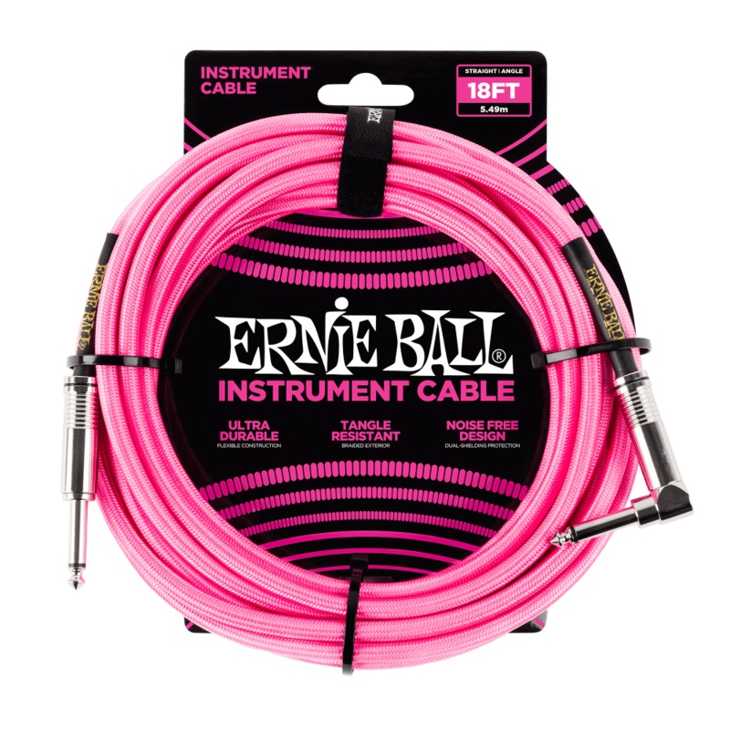 Ernie Ball 18ft Braided Straight/Angle Instrument Cable, Neon Pink