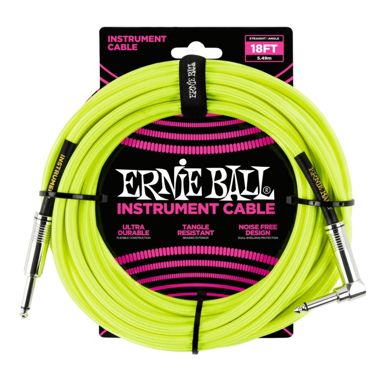 Ernie Ball 18ft  Braided Straight/Angle Instrument Cable, Neon Yellow