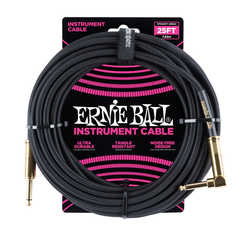 Ernie Ball 25ft Braided Straight/Angle Instrument Cable, Black