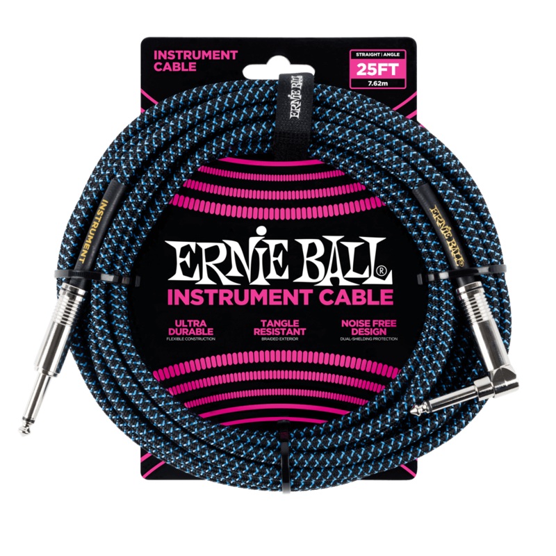 Ernie Ball 25ft Braided Straight/Angle Instrument Cable, Black/Blue