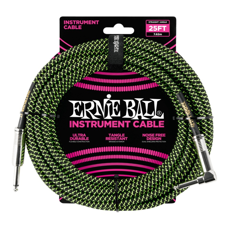 Ernie Ball 25ft Braided Straight/Angle Instrument Cable, Black/Green