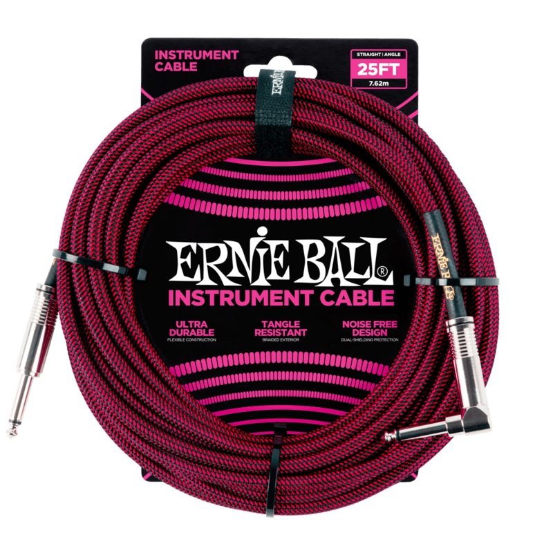 Ernie Ball 25ft Braided Straight/Angle Instrument Cable, Black/Red