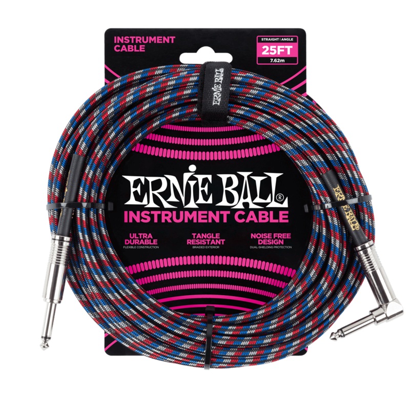 Ernie Ball 25ft Braided Straight/Angle Instrument Cable, Black/Red/Blue/White