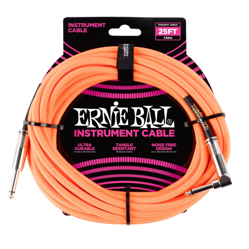Ernie Ball 25ft Braided Straight/Angle Instrument Cable, Neon Orange