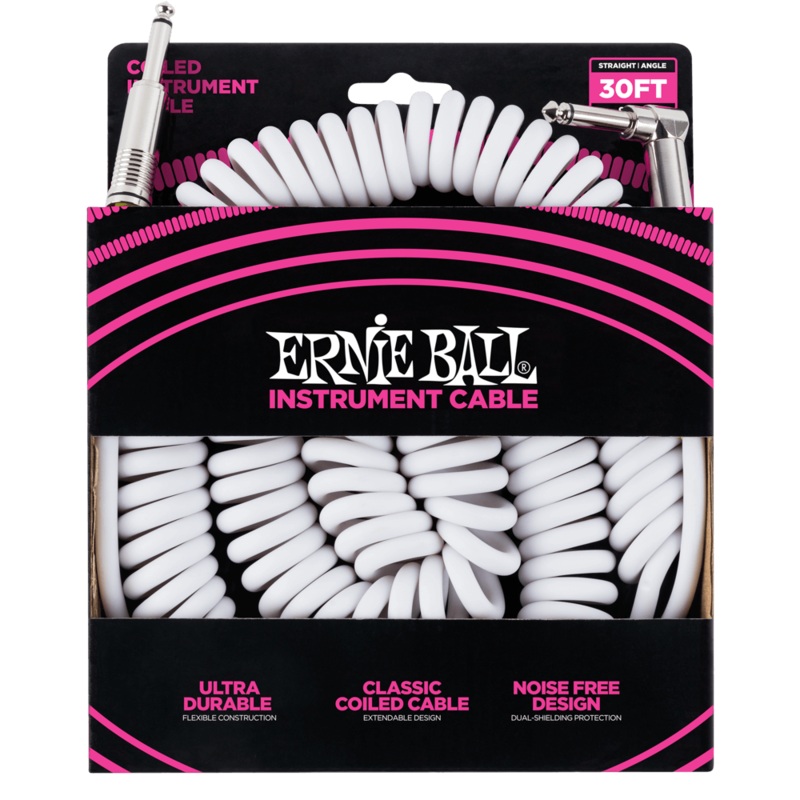 Ernie Ball 30ft Coiled Straight/Angle Instrument Cable, White