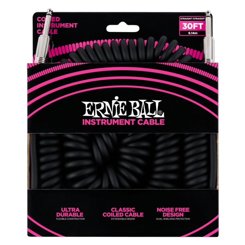 Ernie Ball 30ft Coiled Straight Instrument Cable, Black