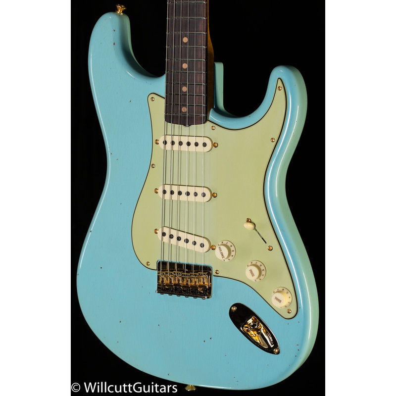 Fender Custom Shop LTD 1959 Stratocaster Hardtail Journeyman Relic Faded Aged Daphne Blue Gold Hardware (227)